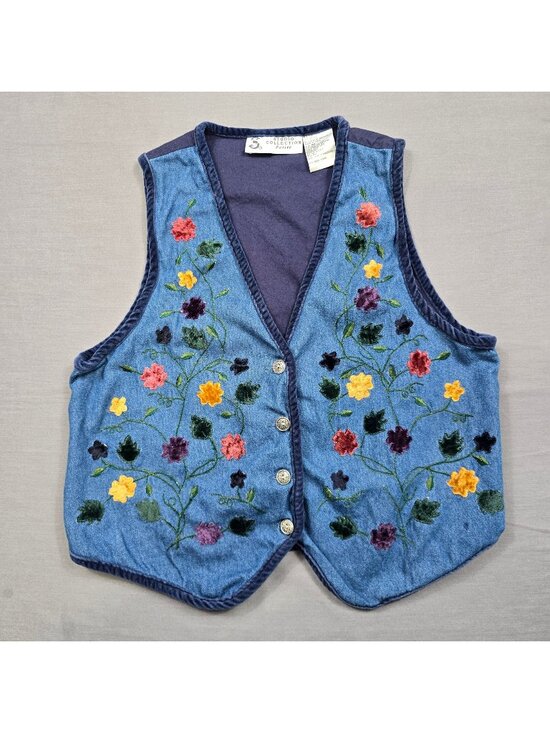 Studio Collection Jackets & Blazers - Studio Collection PM Floral Embroidered Denim Vest Blue Boho Cottage Core Petite
